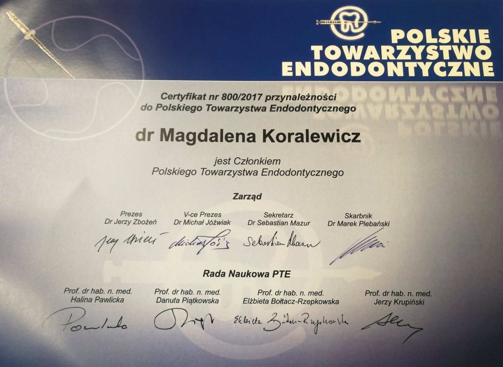 Polskie Towarzystwo Endodontyczne 2025, lek. dent. Magdalena Koralewicz Lekarz dentysta, ekspert chirurgii i periodontologii | Numer PWZ: 2954935