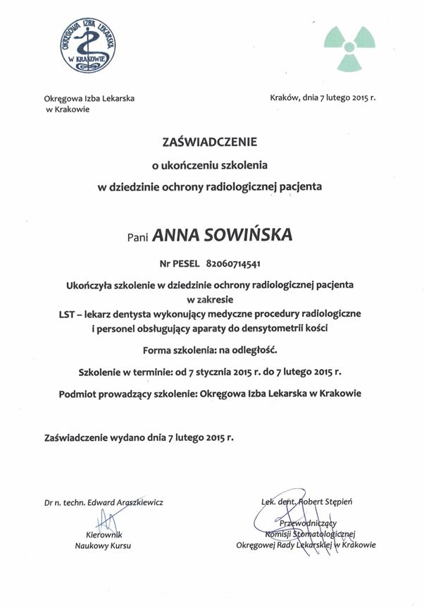 lek. dent. Anna Sowińska , Lekarz dentysta, ekspert stomatologii zachowawczej i endodoncji | Numer PWZ: 2348960
