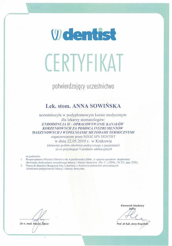 Polski certyfikat dentystyczny przyznany Annie Sowińskiej za ukończenie podyplomowego kursu medycznego w zakresie endodoncji, zawierający oficjalne pieczęcie, podpisy i logo Profesjonalnego Stomatologa Kraków u góry.
