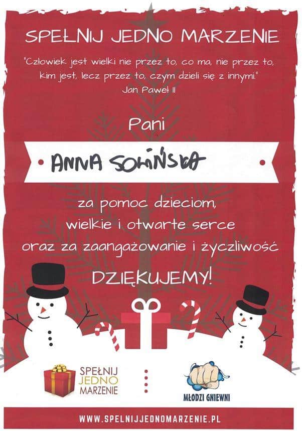 Polskie podziękowanie z bałwankiem i ilustracjami prezentu, zaadresowane do Anny Sowińskiej, w uznaniu jej życzliwości i pomocy. Zawiera cytat Jana Pawła II, logo na dole oraz wzmiankę o Profesjonalnym Stomatologu Kraków.