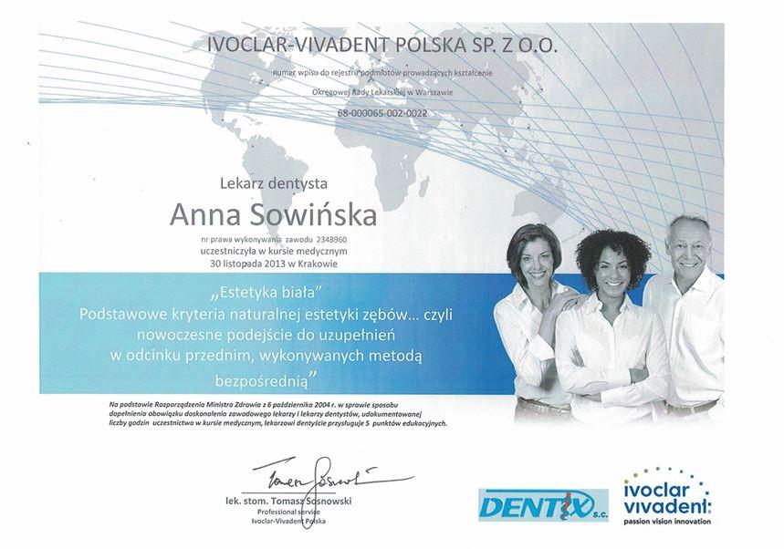 lek. dent. Anna Sowińska , Lekarz dentysta, ekspert stomatologii zachowawczej i endodoncji | Numer PWZ: 2348960