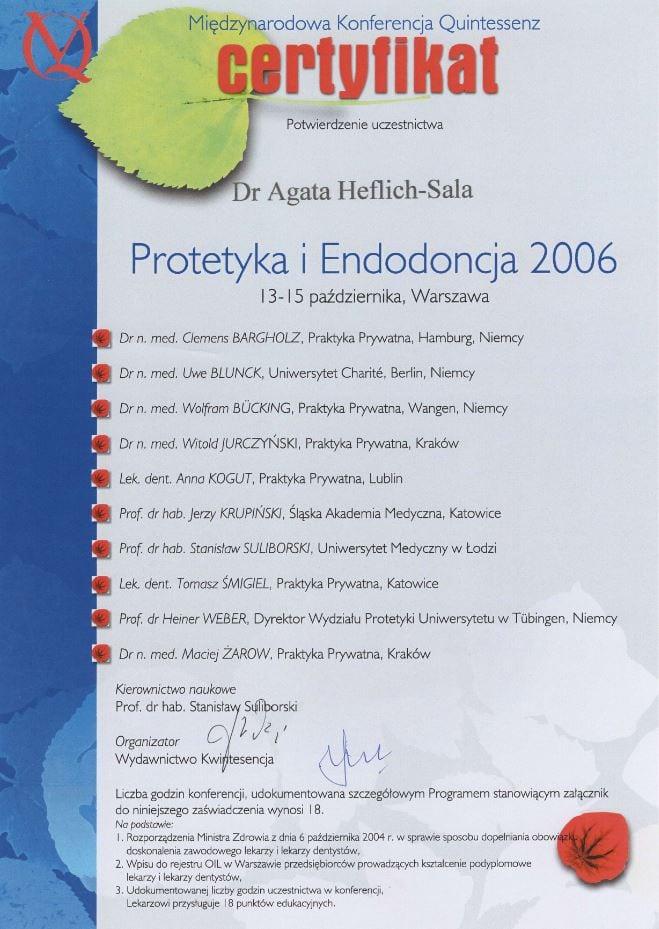 Dyplom ukończenia kursu specjalizacyjnego , lek. dent. Agata Heflich – Sala , Lekarz dentysta, ekspert stomatologii zachowawczej i endodoncji | Numer PWZ: 1487718