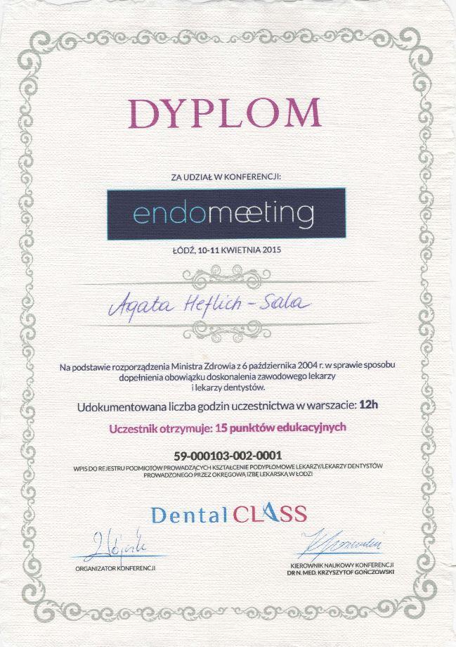Dyplom ukończenia kursu specjalizacyjnego , lek. dent. Agata Heflich – Sala , Lekarz dentysta, ekspert stomatologii zachowawczej i endodoncji | Numer PWZ: 1487718