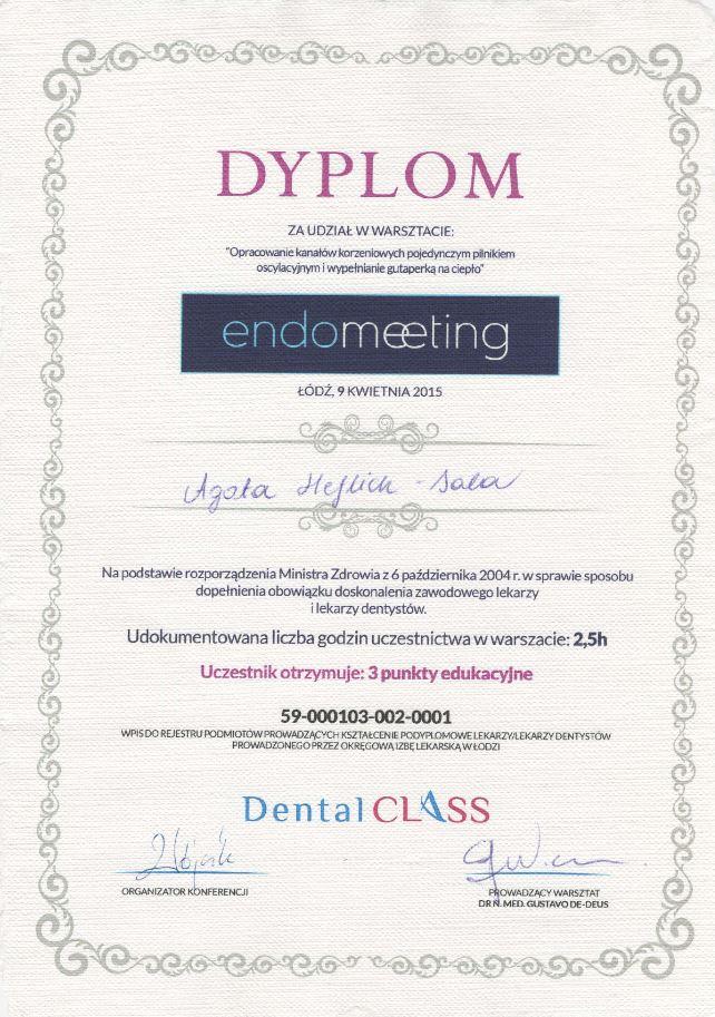 Dyplom ukończenia kursu specjalizacyjnego , lek. dent. Agata Heflich – Sala , Lekarz dentysta, ekspert stomatologii zachowawczej i endodoncji | Numer PWZ: 1487718