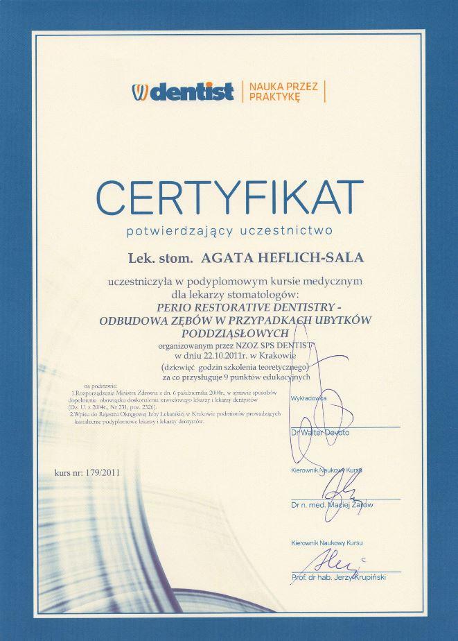 Dyplom ukończenia kursu specjalizacyjnego , lek. dent. Agata Heflich – Sala , Lekarz dentysta, ekspert stomatologii zachowawczej i endodoncji | Numer PWZ: 1487718
