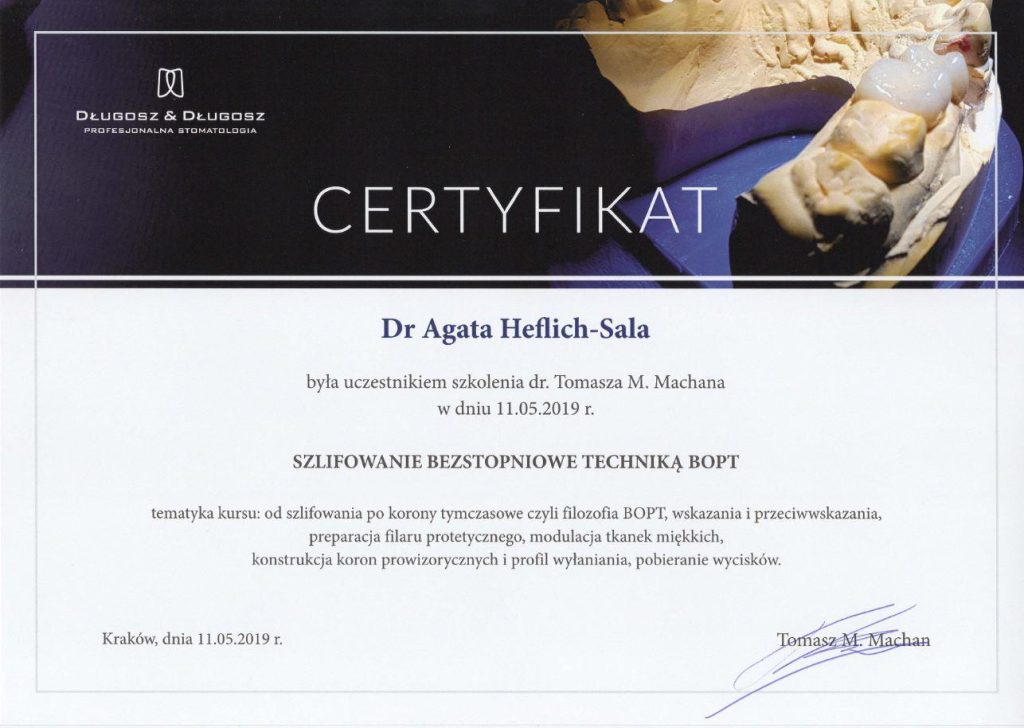 Dyplom ukończenia kursu specjalizacyjnego , lek. dent. Agata Heflich – Sala , Lekarz dentysta, ekspert stomatologii zachowawczej i endodoncji | Numer PWZ: 1487718