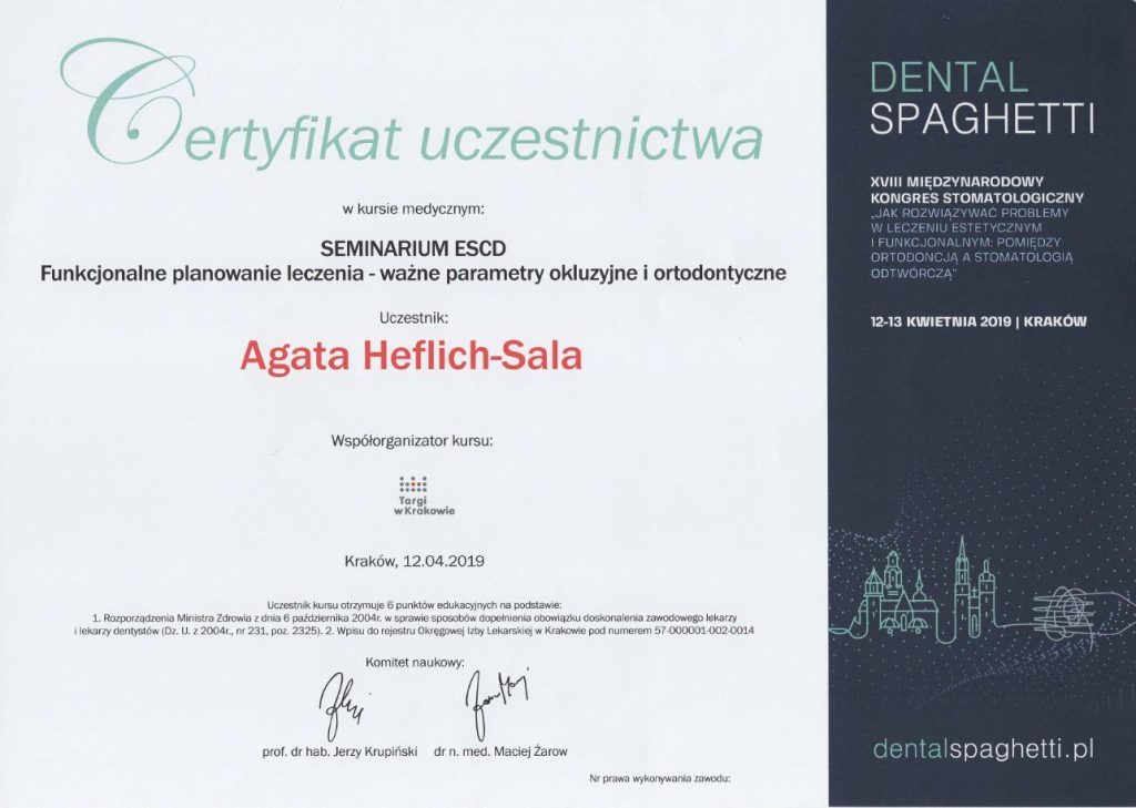 Dyplom ukończenia kursu specjalizacyjnego , lek. dent. Agata Heflich – Sala , Lekarz dentysta, ekspert stomatologii zachowawczej i endodoncji | Numer PWZ: 1487718
