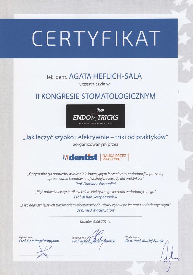 Dyplom ukończenia kursu specjalizacyjnego , lek. dent. Agata Heflich – Sala , Lekarz dentysta, ekspert stomatologii zachowawczej i endodoncji | Numer PWZ: 1487718