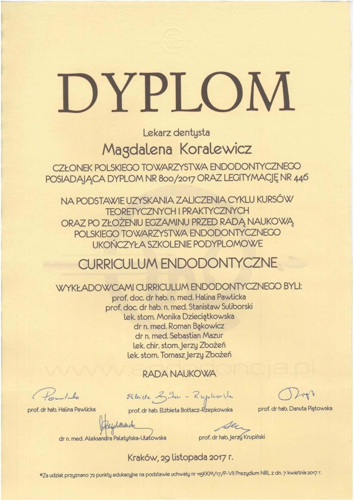 Curicculum endodontyczne, lek. dent. Magdalena Koralewicz Lekarz dentysta, ekspert chirurgii i periodontologii | Numer PWZ: 2954935