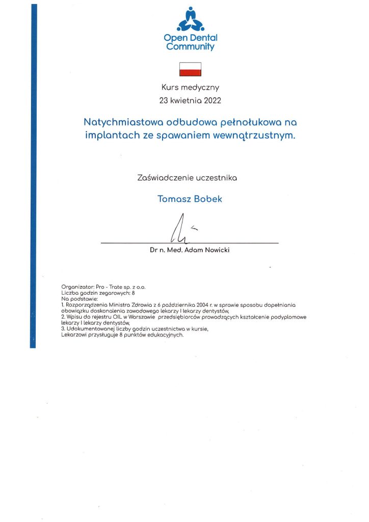 spawanie wewnątrzustne kurs, lek. dent. Tomasz Bobek Specjalizacja: Implantologia i Endodoncja | Numer PWZ: 1304071