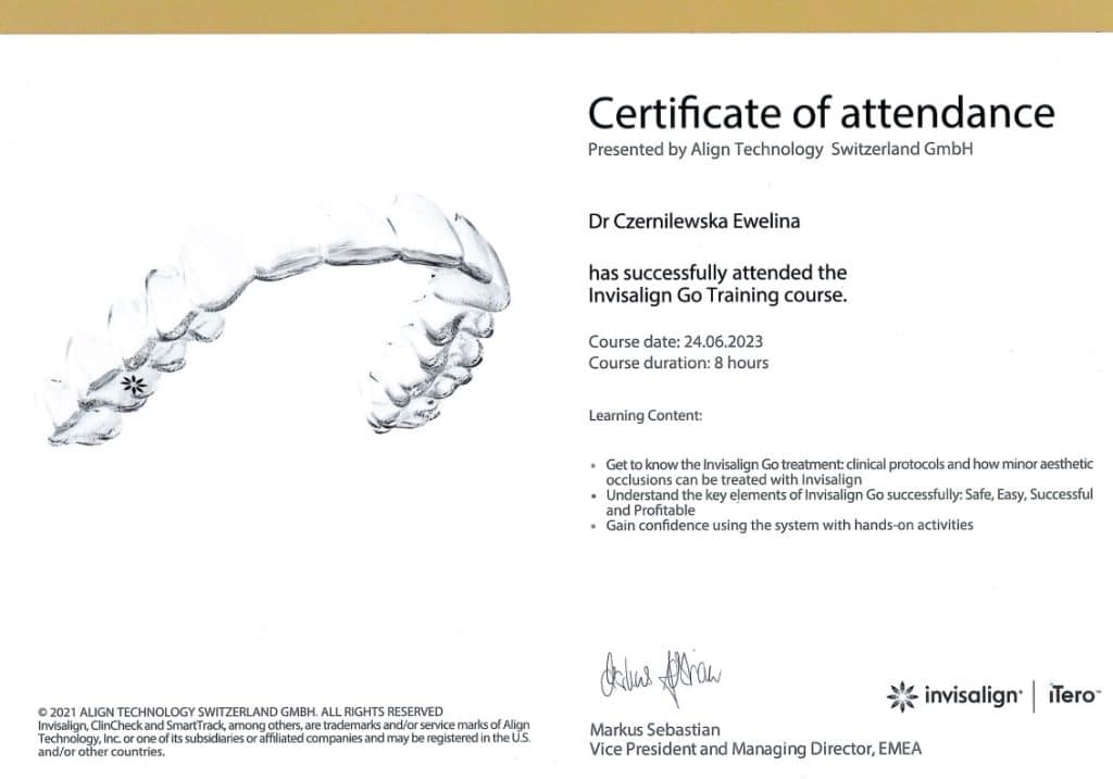 Certyfikat uczestnictwa dla dr Czernilewskiej Eweliny za ukończenie szkolenia Invisalign Go Training w dniu 24.06.2023 r., wręczony przez Align Technology Switzerland GmbH, podkreślający jej zaangażowanie w Profesjonalne Leczenie Dentystyczne Kraków.