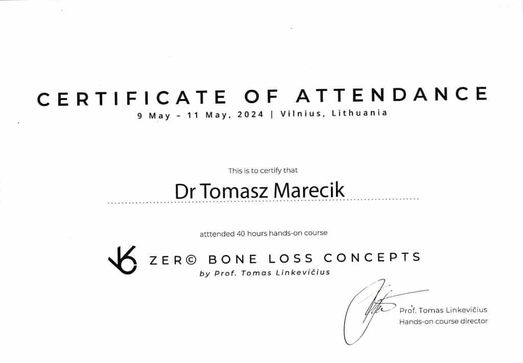 Zero Bone Loss Concepts ZBLC Wilno  2024, lek. dent. Tomasz Marecik
Chirurg stomatolog, Implantolog | Numer PWZ: 3398162