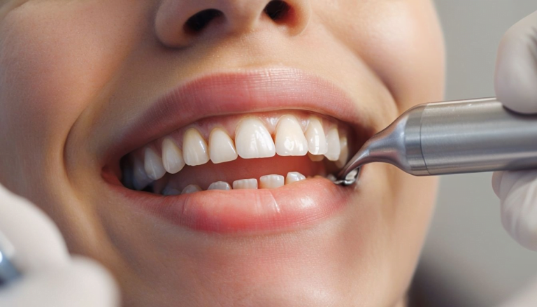 Zbliżenie osoby uśmiechającej się, podczas gdy Profesjonalny dentysta Kraków używa metalowego narzędzia dentystycznego do czyszczenia dolnych przednich zębów.