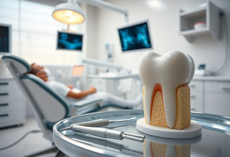 Gabinet dentystyczny w Krakowie z pacjentem na fotelu, narzędziami dentystycznymi na tacy i dużym modelem zęba pokazującym jego wewnętrzną strukturę na pierwszym planie; monitory ze zdjęciami rentgenowskimi podkreślają profesjonalne usługi dentysty Kraków.