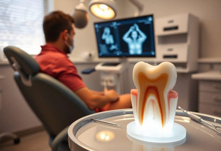 Profesjonalny dentysta Kraków w peelingach i masce siedzi w gabinecie, z dużym modelem zęba oraz narzędziami stomatologicznymi na tacy i zdjęciem rentgenowskim na ekranie komputera w tle.