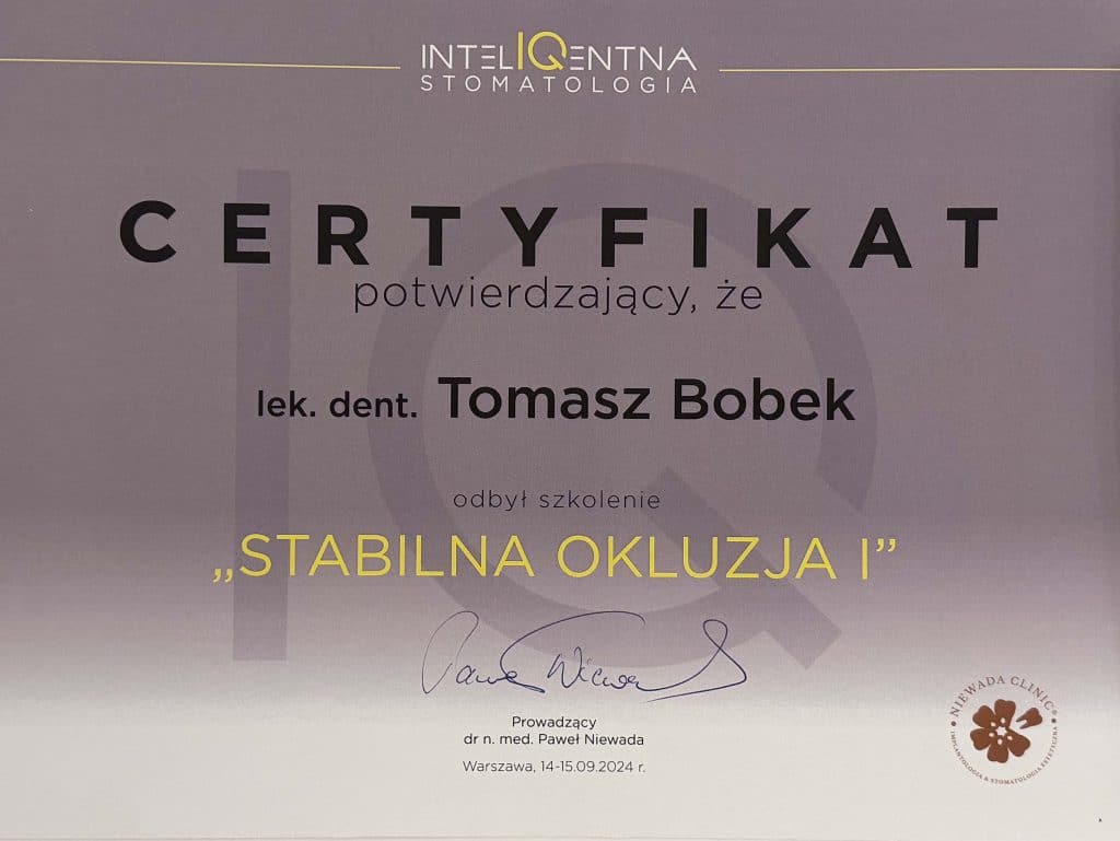 Certyfikat lekarz dentysta Tomasz Bobek