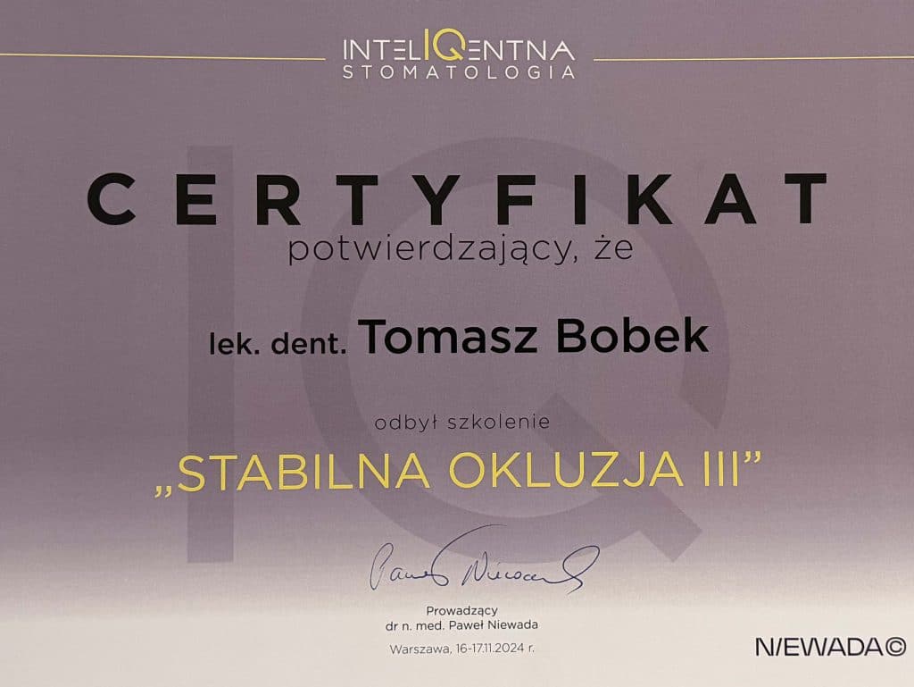 Certyfikat lekarz dentysta Tomasz Bobek